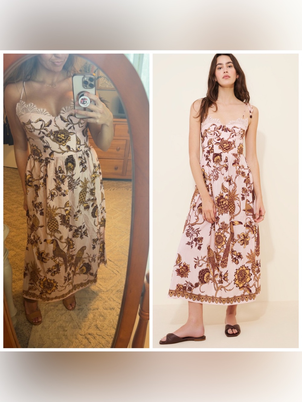 Free People Tropical Landing Lace Midi Dress Pink Yellow XS Floral Bird